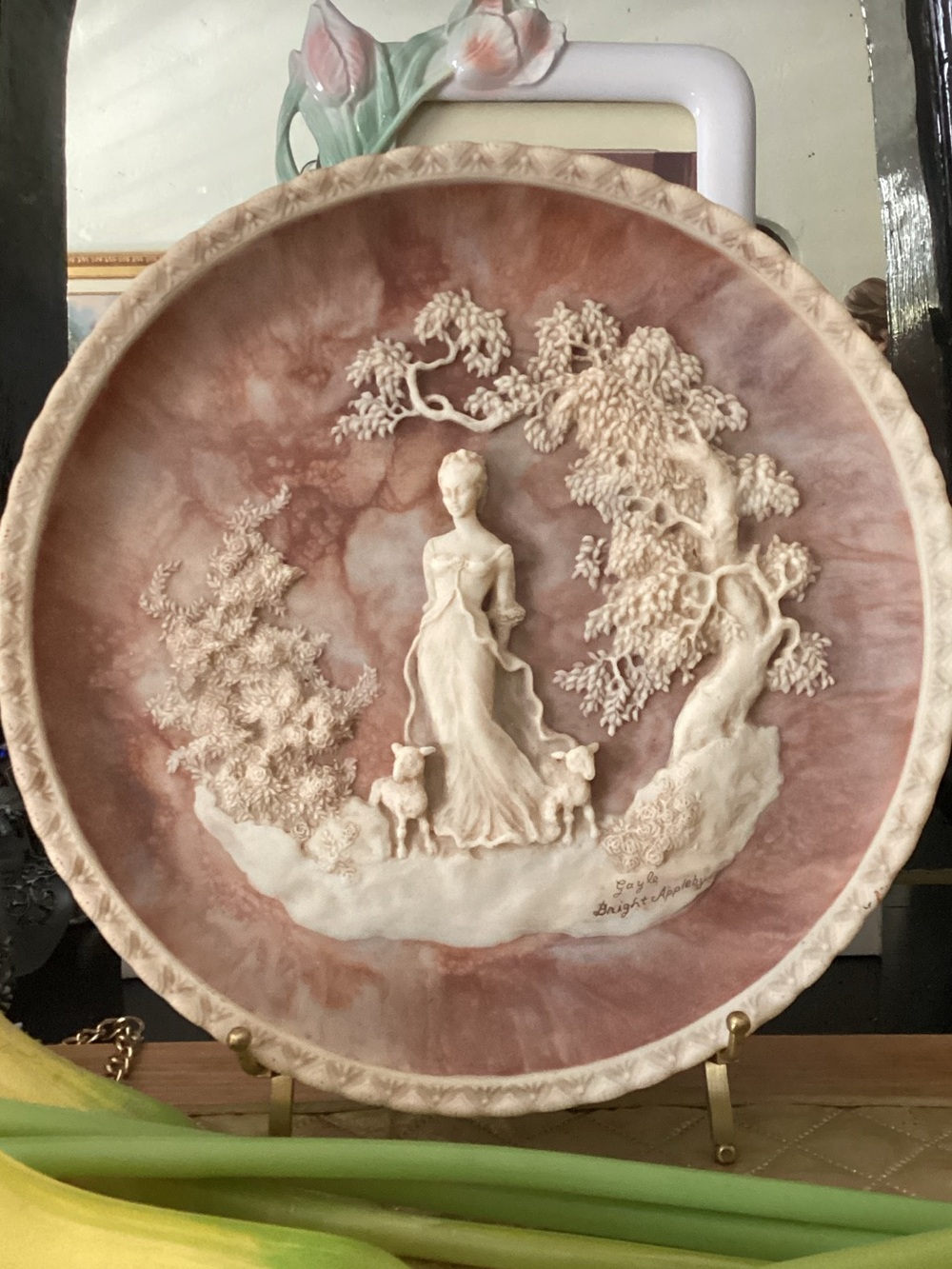 Pink Relief Wall Plate with Cream Sculptural Scene